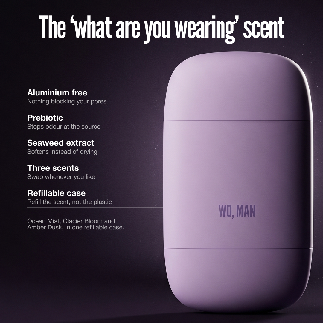Michella deodorant, the what are you wearing scent. Aluminium free, prebiotic, seaweed extract, three scents, refillable case