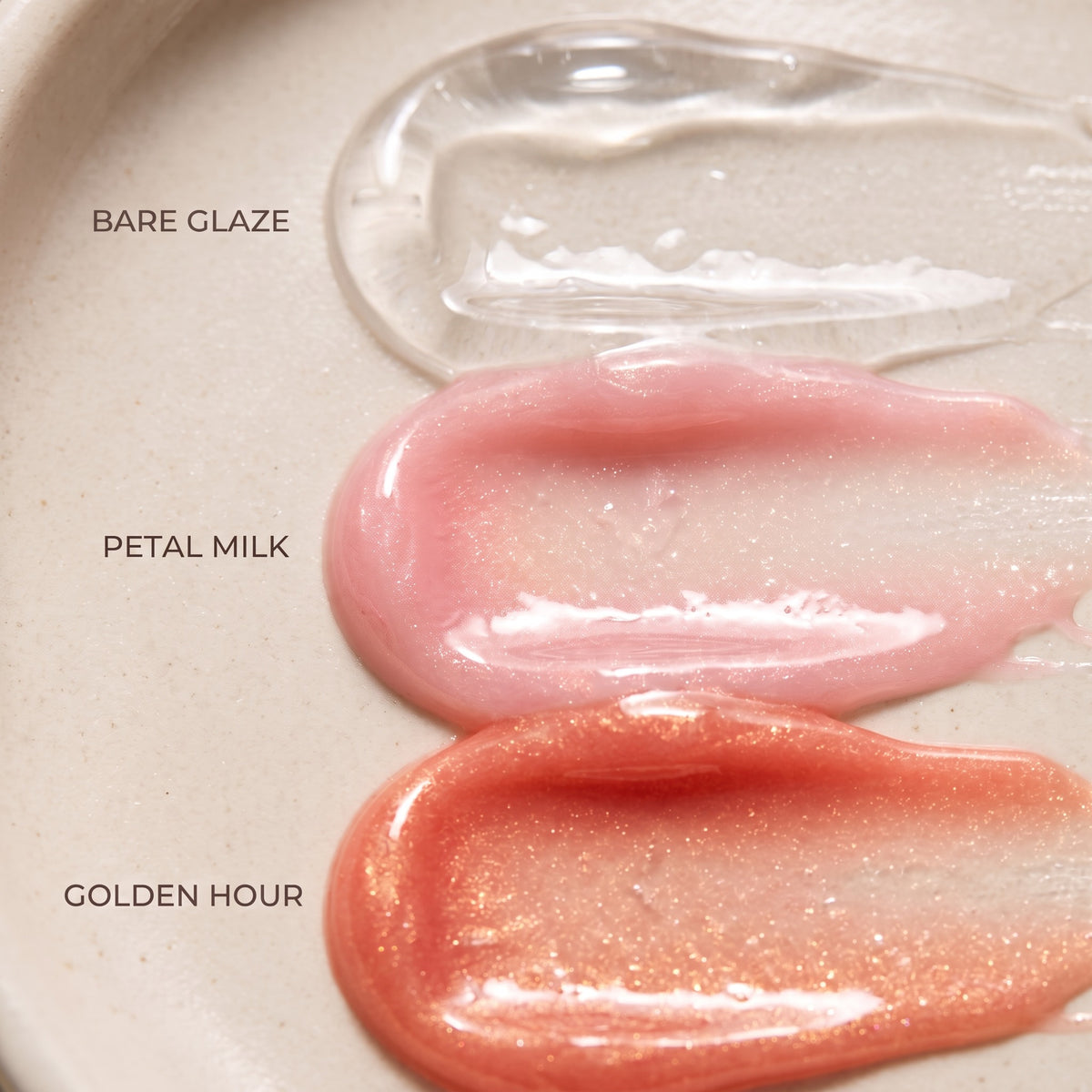 Bare Glaze, Petal Milk and Golden Hour swatched as three strokes