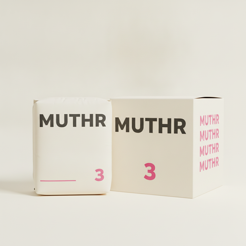 The MUTHR pack standing beside its delivery box, both marked size 3