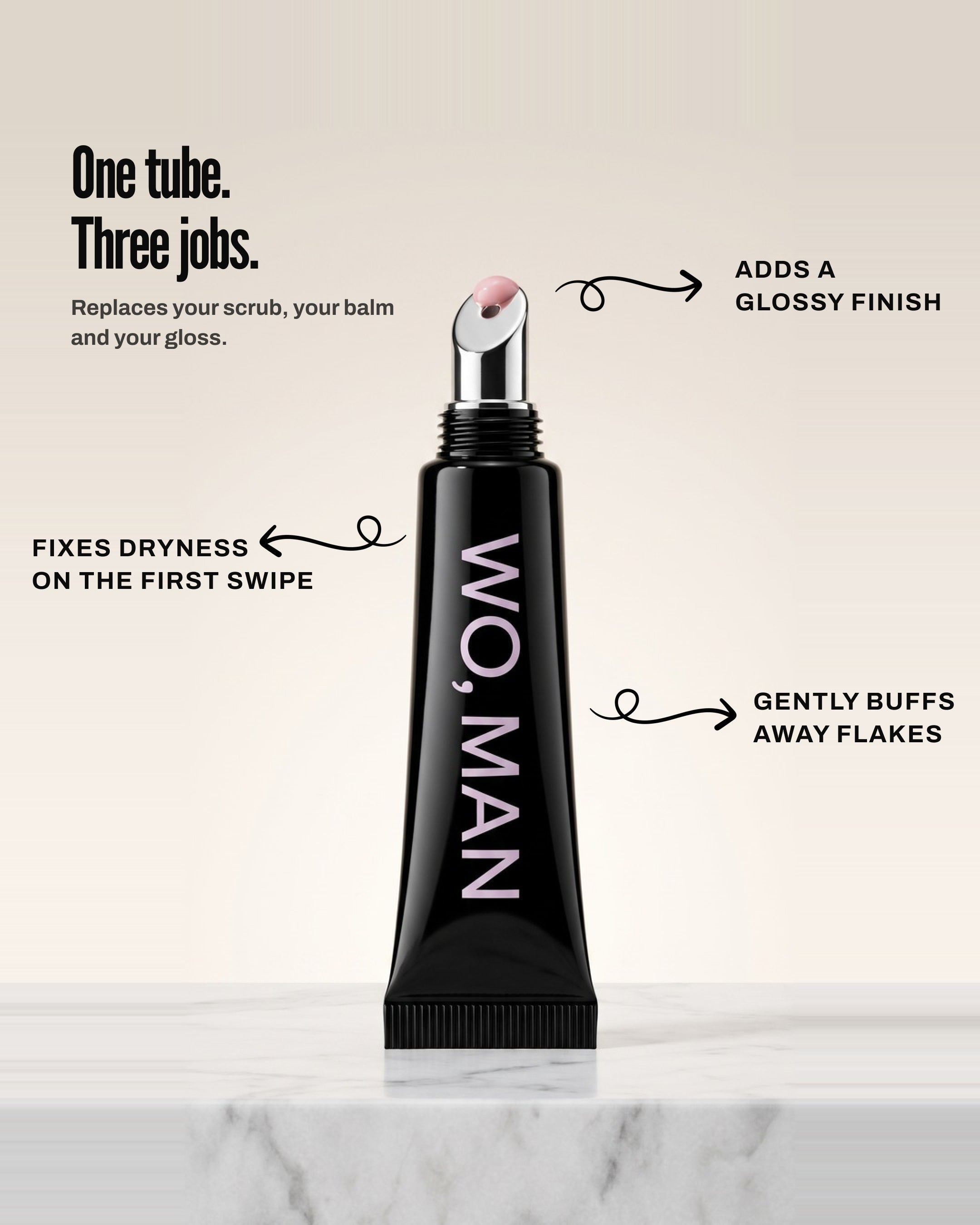 One tube, three jobs: buffs flakes, fixes dryness, adds a glossy finish